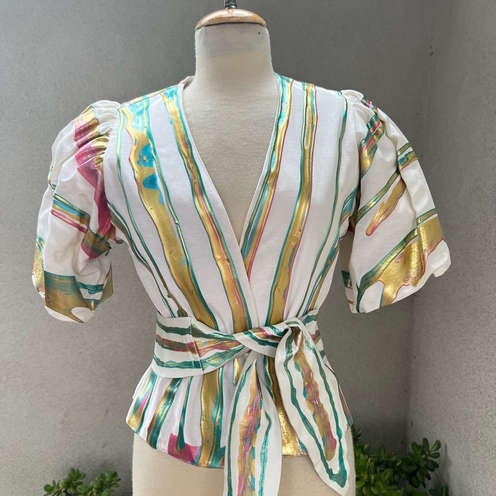 Vintage gorgeous Art to wear white with rainbow colors painted jacket top  XS